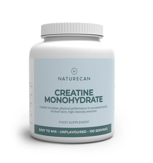 Supplement container labeled 'Creatine Monohydrate' by Naturecan on a white background