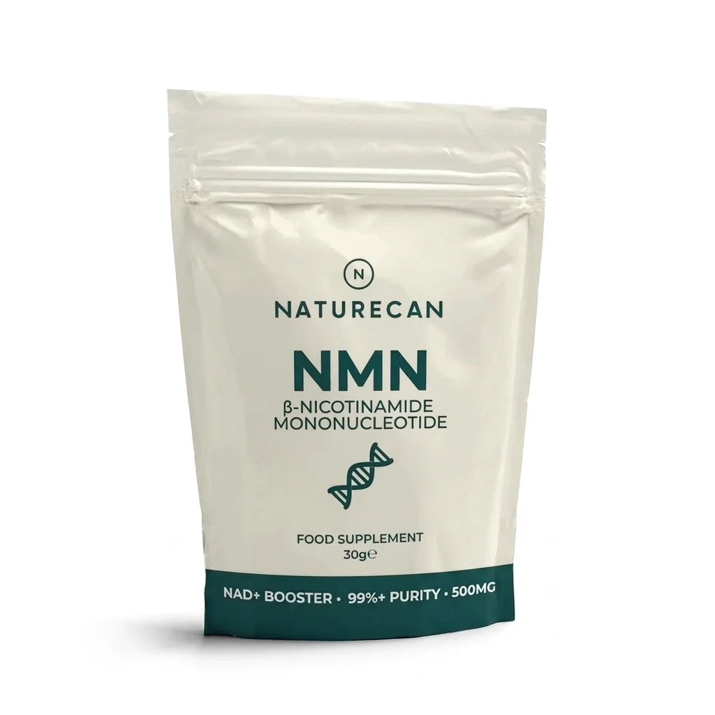 A 30g stand-up pouch of Naturecan NMN food supplement, featuring a cream-colored body with dark teal text and a dark teal band at the bottom, set against a plain white background.