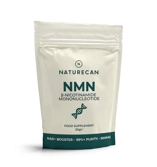 A 30g stand-up pouch of Naturecan NMN food supplement, featuring a cream-colored body with dark teal text and a dark teal band at the bottom, set against a plain white background.