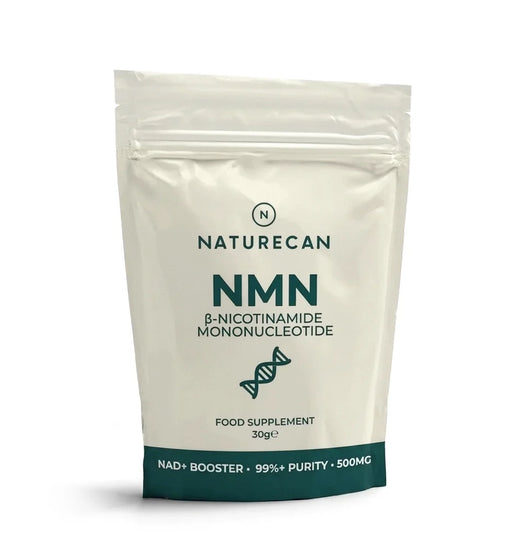 A 30g stand-up pouch of Naturecan NMN food supplement, featuring a cream-colored body with dark teal text and a dark teal band at the bottom, set against a plain white background.