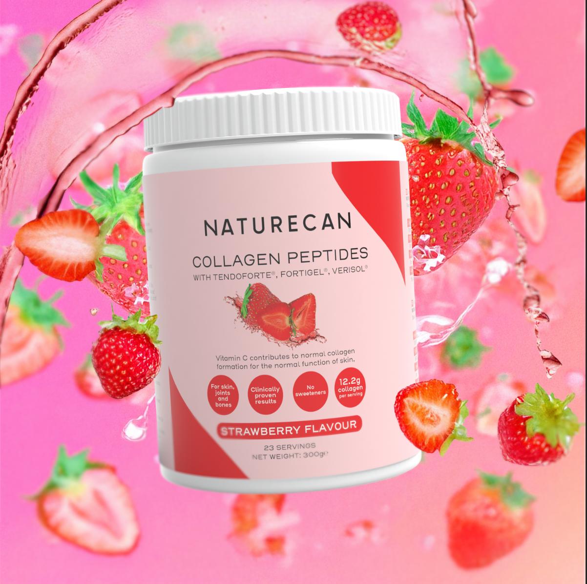 collagen peptides surrounded by strawberries