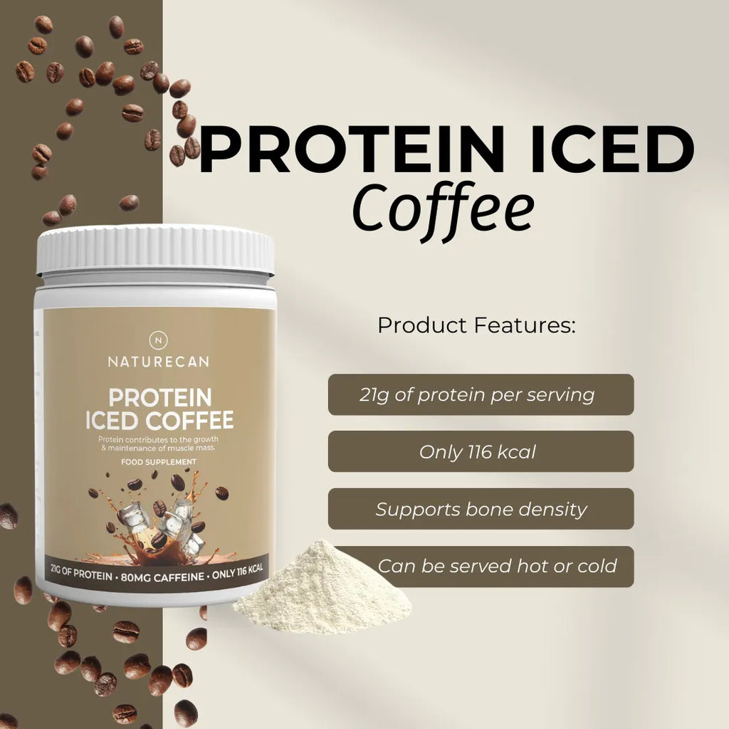 Protein iced coffee container with coffee beans and product features on a beige background