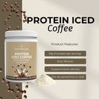 Protein iced coffee container with coffee beans and product features on a beige background