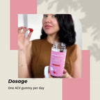 Woman holding a bottle of Naturecan ACV gummies with text about dosage.