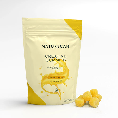 Naturecan Creatine Gummies lemon flavor package with gummies on a white background