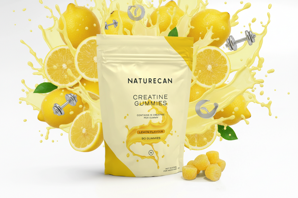 Naturecan Creatine Gummies packaging with lemons and a splash effect on a white background