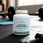 Naturecan Creatine Monohydrate supplement bottle on a gym floor with weights and exercise equipment in the background.