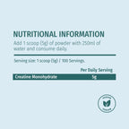 Nutritional information label for a creatine monohydrate supplement on a light green background.