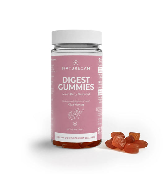 Jar of Naturecan Digest Gummies with gummies on a white background