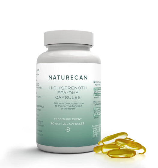 Naturecan high strength EPA/DHA capsules bottle with yellow capsules on a white background