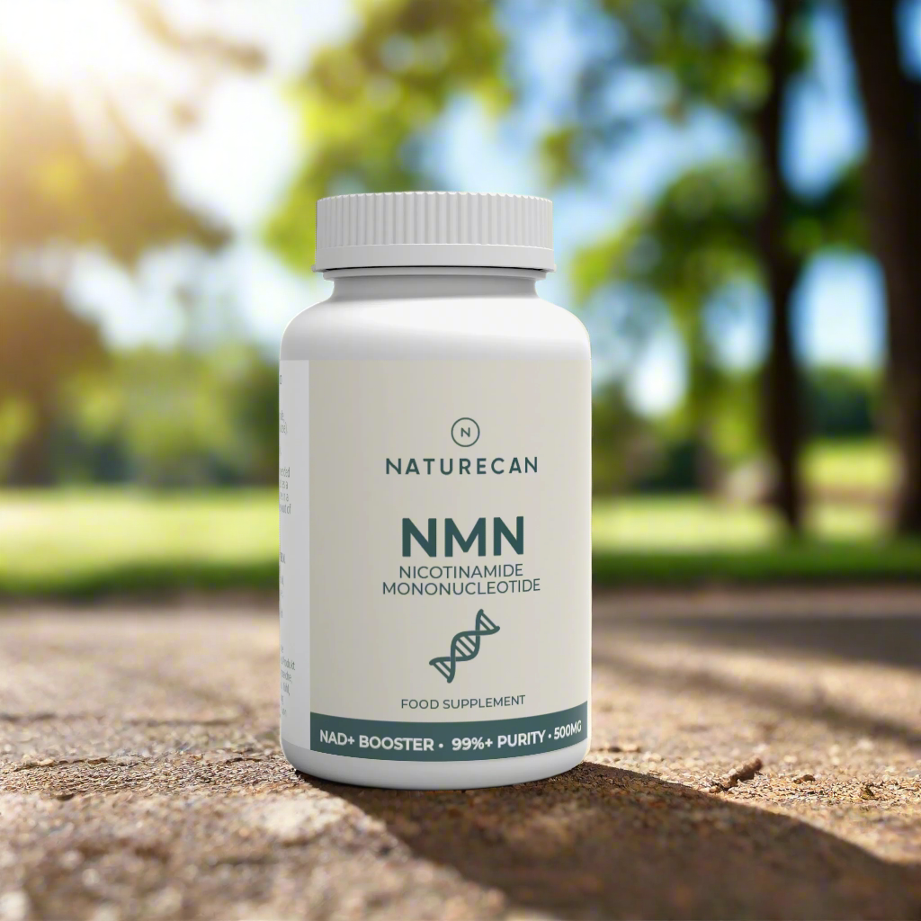 Naturecan NMN supplement bottle on a stone surface with a blurred natural background