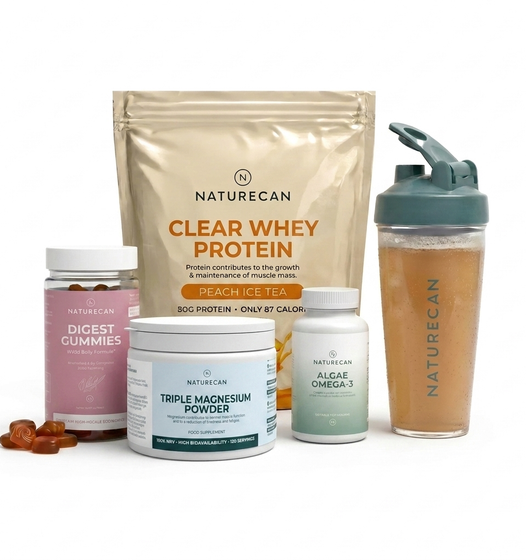 Naturecan health and wellness products including protein powder, gummies, powder, and shaker on a white background

