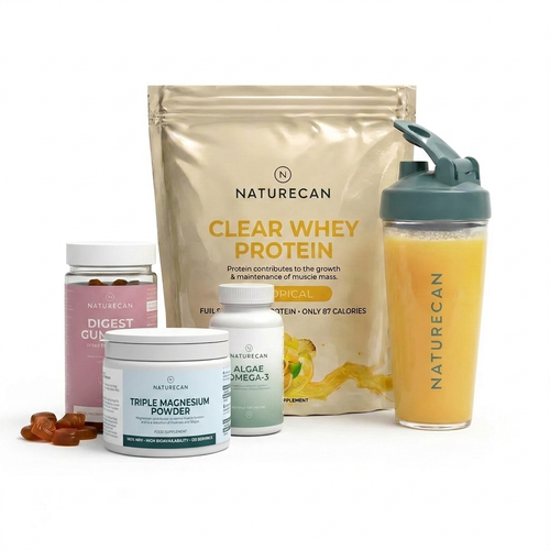 Naturecan health and wellness products including protein powder, supplement containers, and a shaker bottle on a white background.

