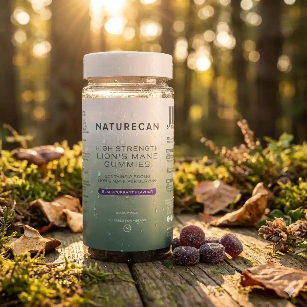 Naturecan high strength lion's mane gummies jar with gummies on a wooden surface in a forest setting