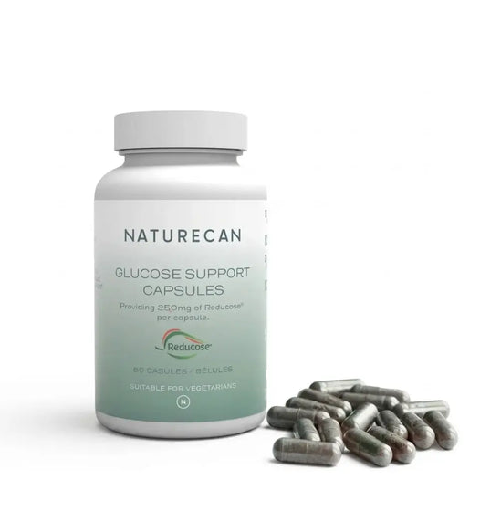 Naturecan Glucose Support Capsules bottle with capsules on a white background

