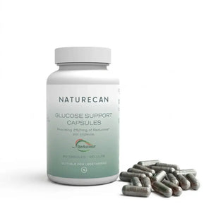 Naturecan Glucose Support Capsules bottle with capsules on a white background

