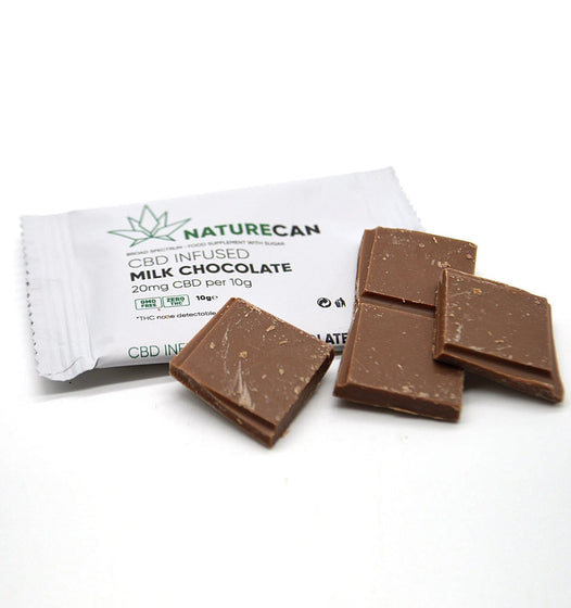 Four squares of CBD chocolate next to packet