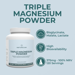Naturecan Triple Magnesium Powder container with product details on a light blue background