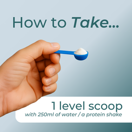 Hand holding a blue scoop with protein powder, text on how to take a level scoop with water or a protein shake.