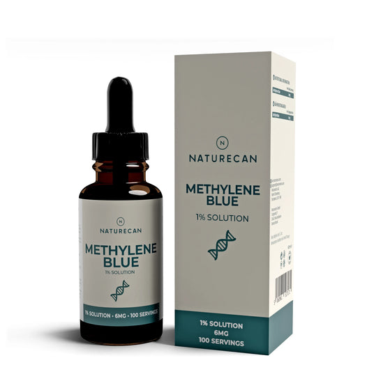Bottle and box of Naturecan Methylene Blue 1% Solution on a white background