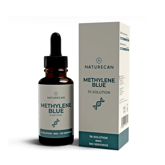Bottle and box of Naturecan Methylene Blue 1% Solution on a white background