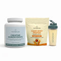 Naturecan creatine monohydrate supplement, clear whey protein package, and shaker bottle on a white background