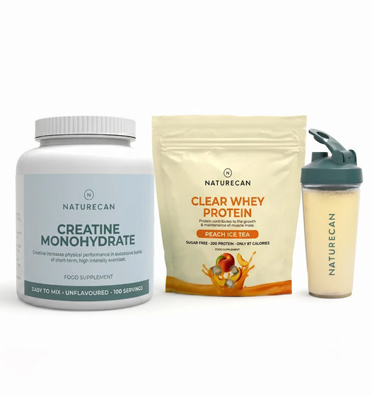 Naturecan creatine monohydrate supplement, clear whey protein package, and shaker bottle on a white background