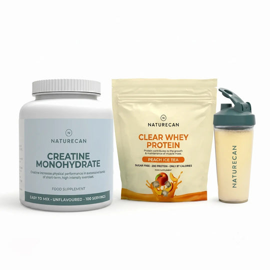 Naturecan creatine monohydrate supplement, clear whey protein package, and shaker bottle on a white background