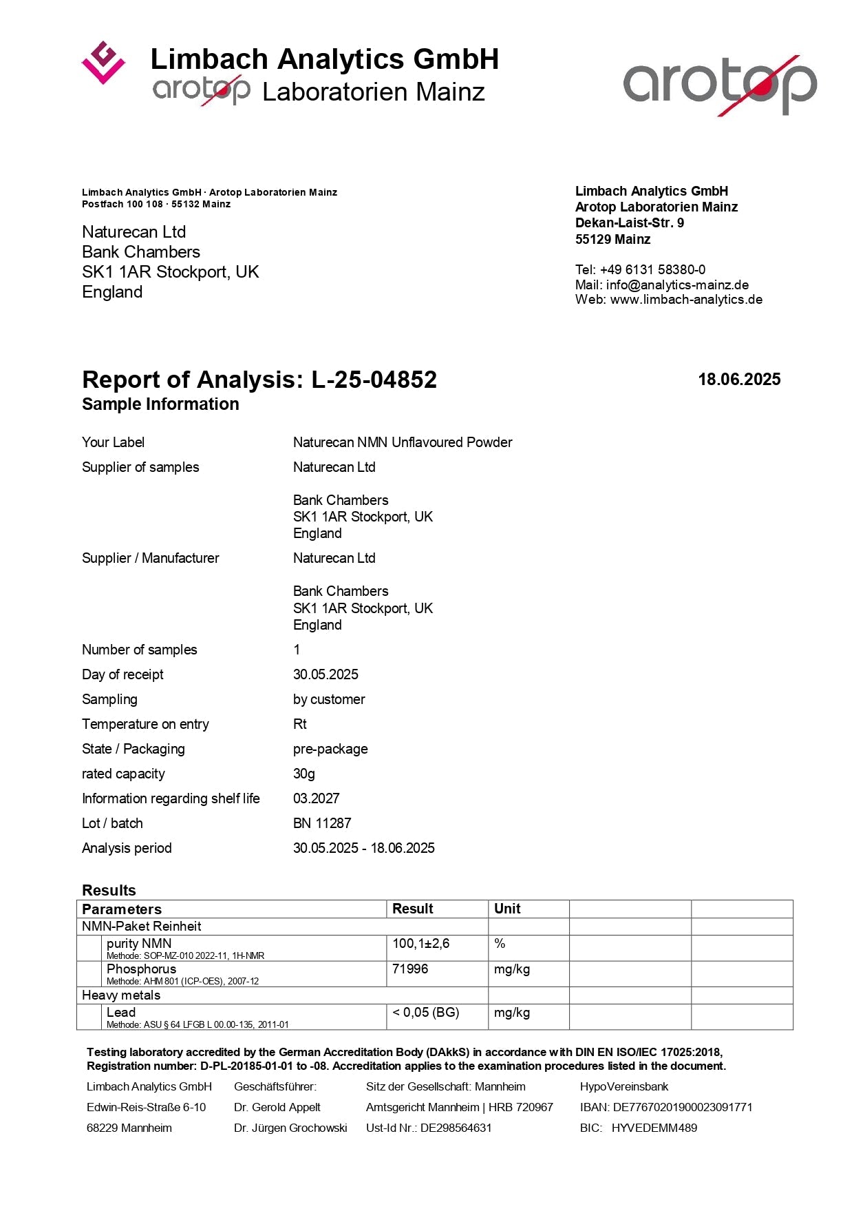 Analysis report for Naturecan NMN Unflavoured Powder, detailing sample information and purity results.