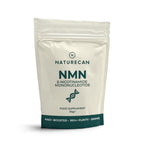 A 30g stand-up pouch of Naturecan NMN food supplement, featuring a cream-colored body with dark teal text and a dark teal band at the bottom, set against a plain white background.