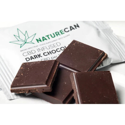 Squares of CBD chocolate next to packet