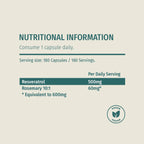 Nutritional information label for a supplement with Resveratrol and Rosemary 10:1 on a beige background.