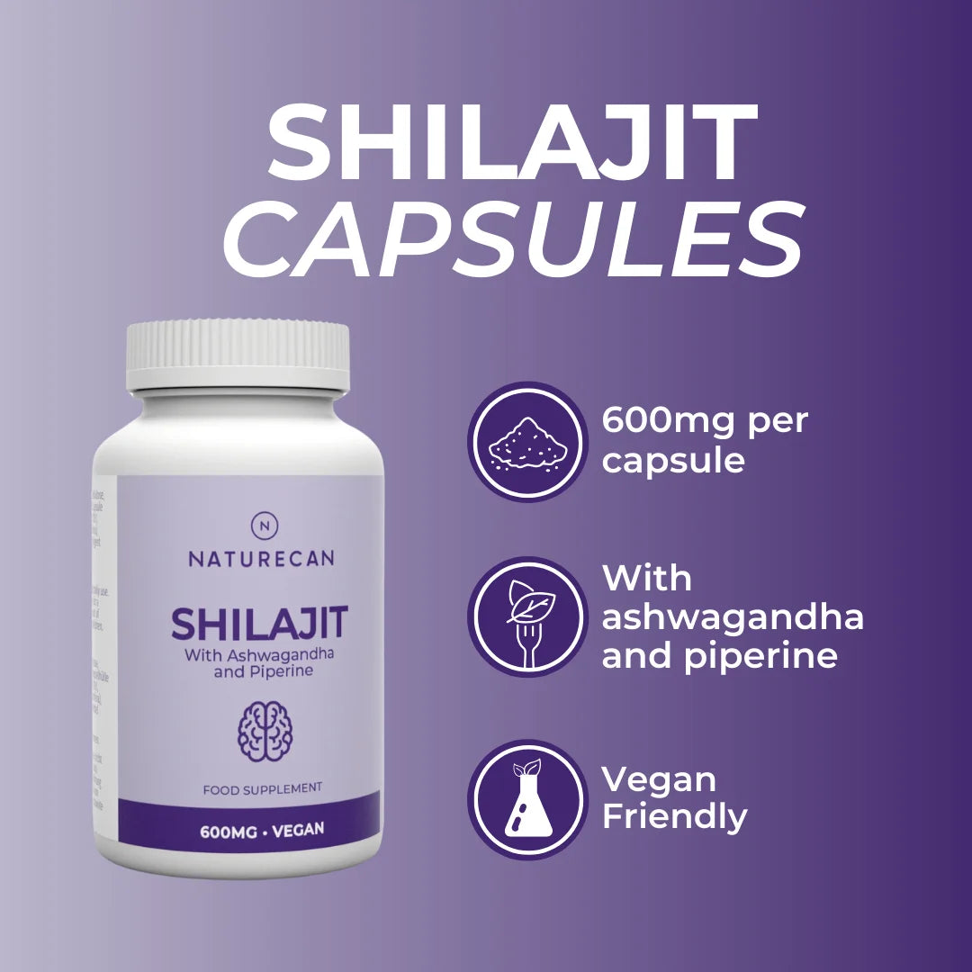 Shilajit capsules bottle with product details on a purple background