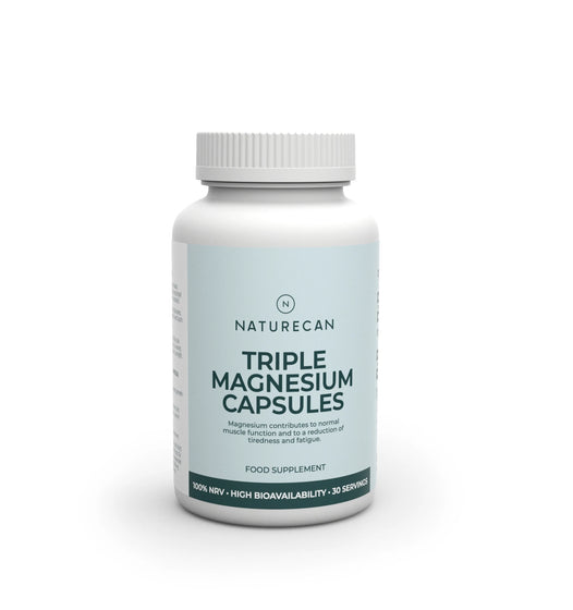 Bottle of Naturecan Triple Magnesium Capsules on a white background