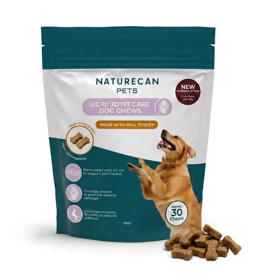 Naturecan Pets UC-II Joint Care Dog Chews packaging with a dog on a white background