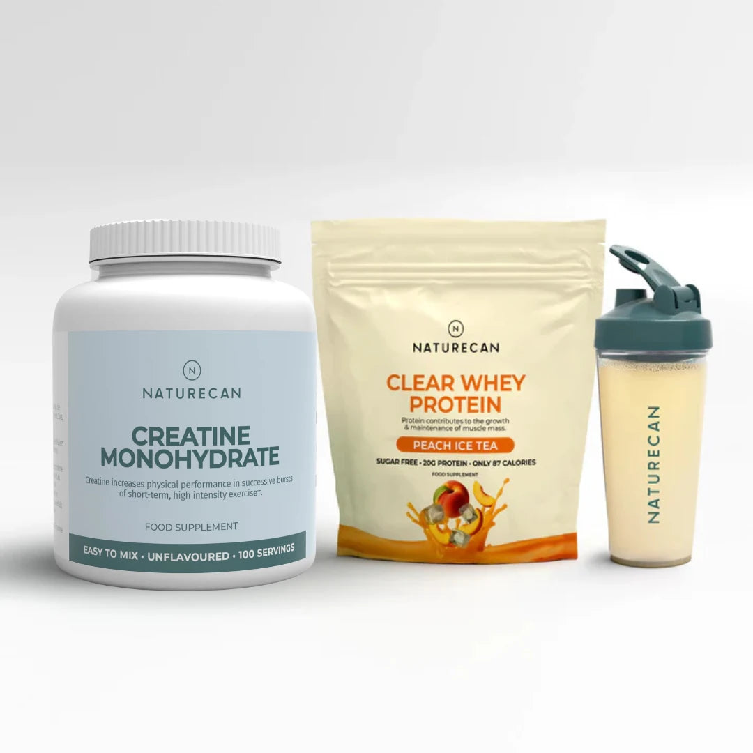 Naturecan creatine monohydrate supplement, clear whey protein package, and shaker bottle on a white background