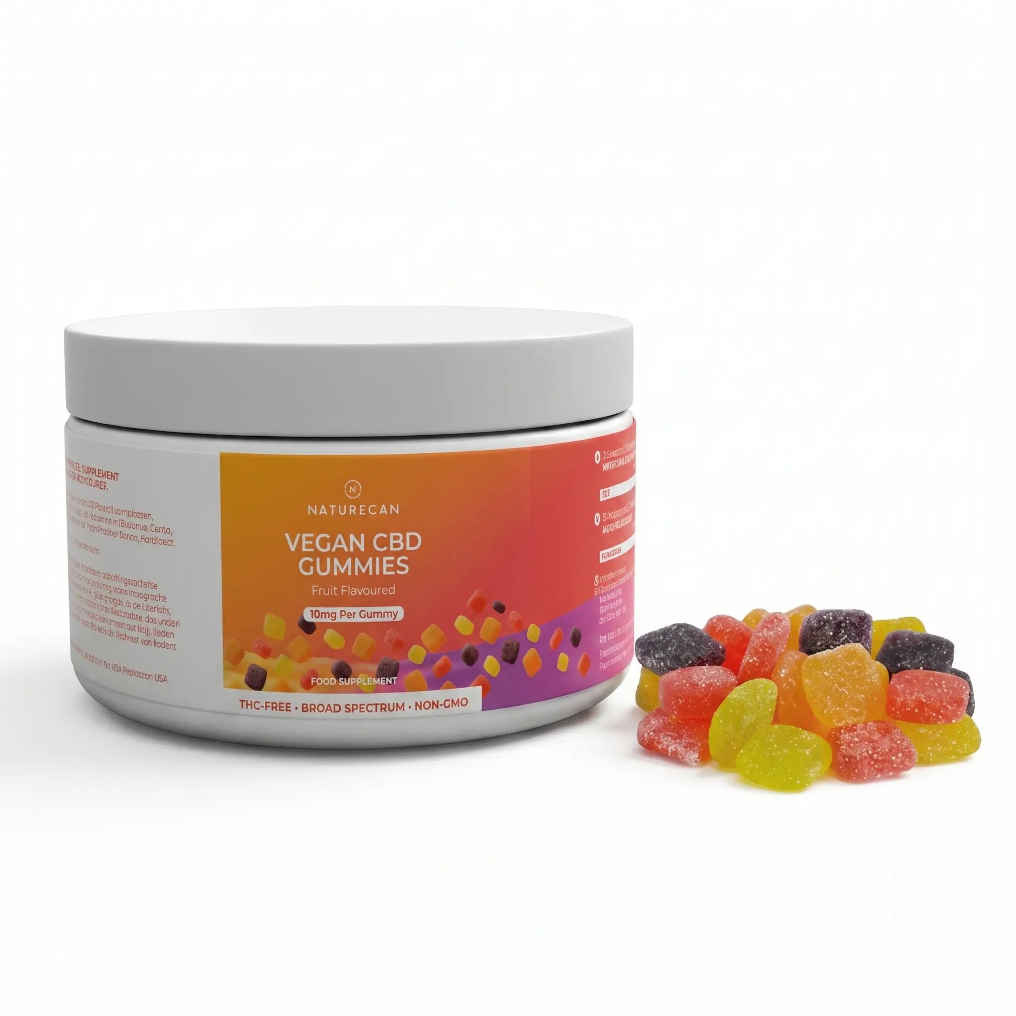 Jar of Vegan CBD Gummies with colorful gummy bears on a gray background
