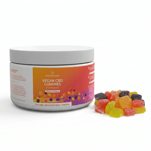 Jar of Vegan CBD Gummies with colorful gummy bears on a gray background