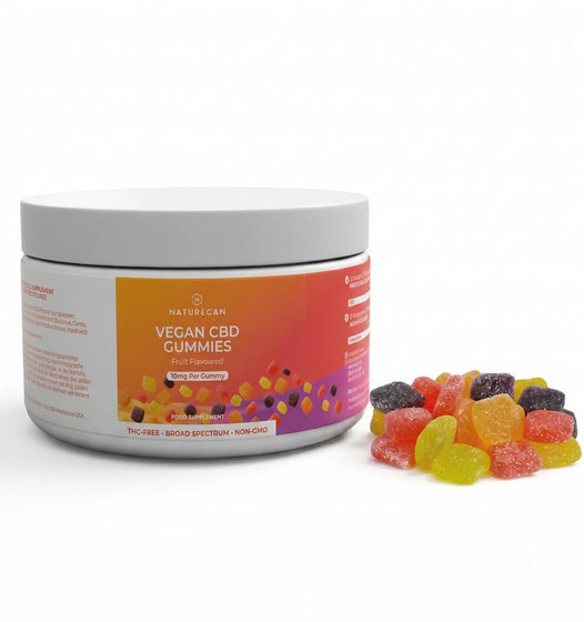 Jar of Vegan CBD Gummies with colorful gummy bears on a gray background
