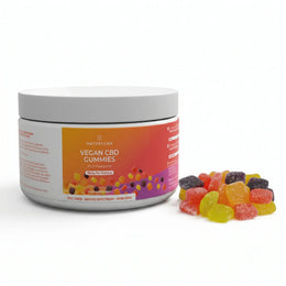 Jar of Vegan CBD Gummies with colorful gummy bears on a gray background
