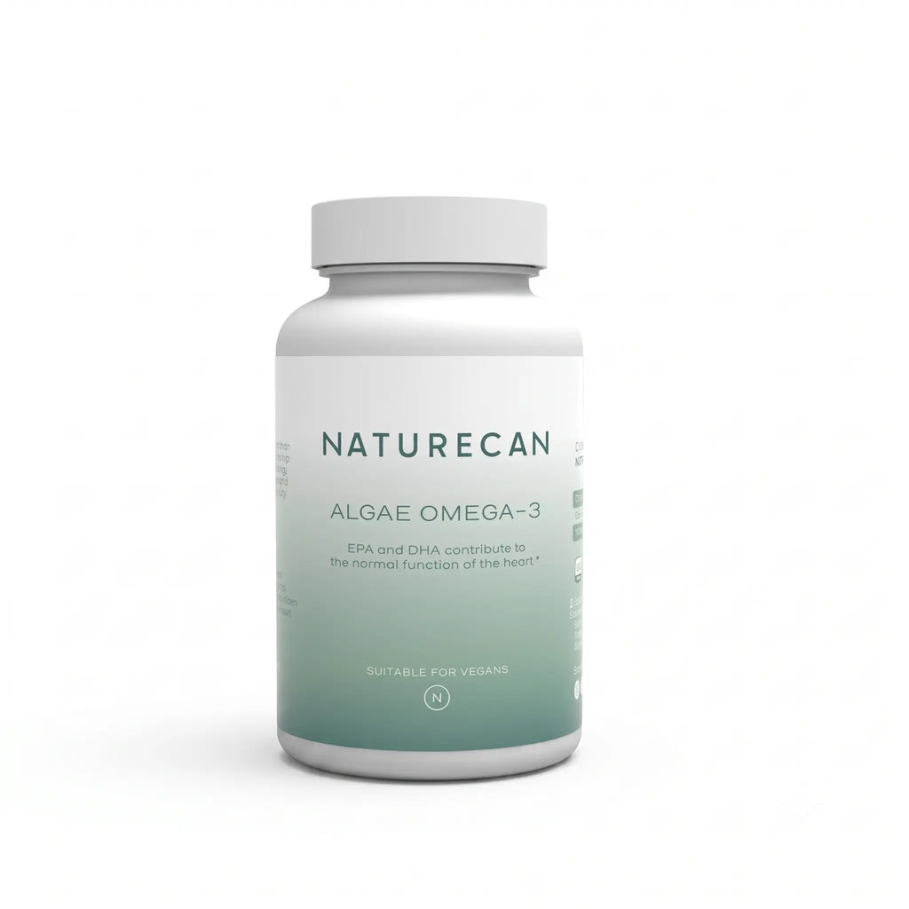 Naturecan Algae Omega-3 supplement bottle on a white background

