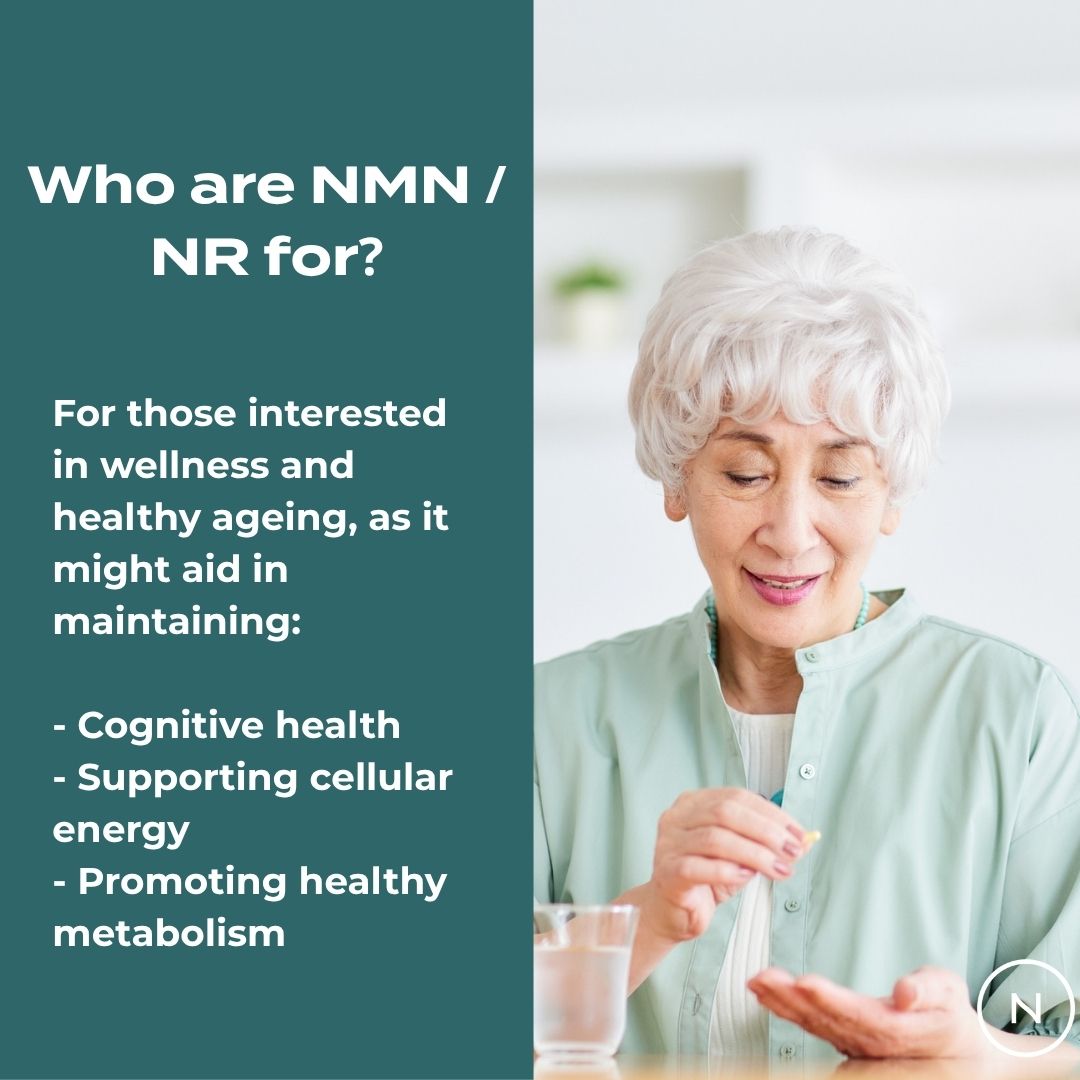 An elderly woman holds a capsule, with text discussing NMN/NR's benefits for cognitive health and cellular energy.