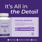 Naturecan Shilajit supplement bottle with nutritional information on a purple background