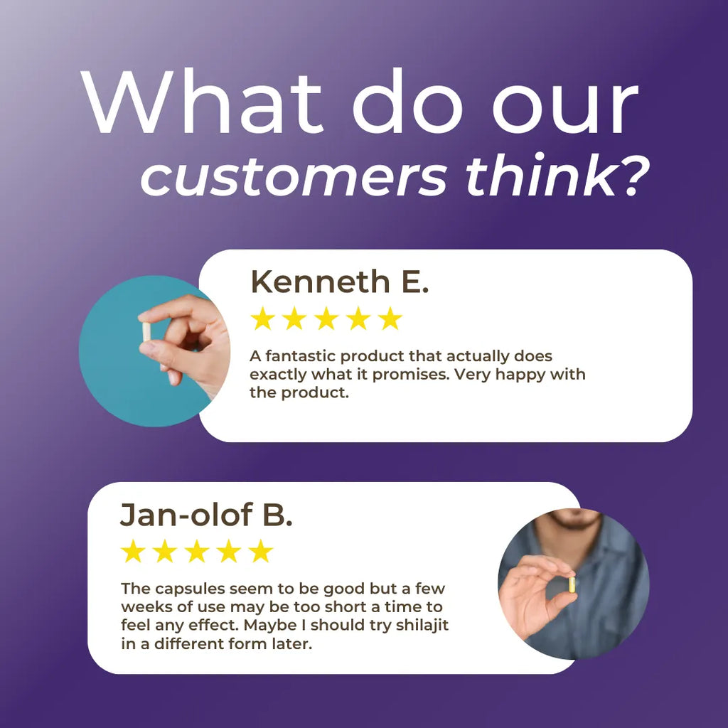 Customer reviews displayed on a purple background with star ratings.