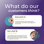 Customer reviews displayed on a purple background with star ratings.